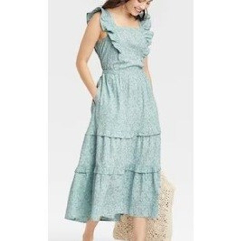 Universal Thread Blue Floral Midi Dress XL Smocked Open Back Cotton Cottagecore